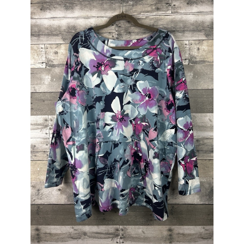 Sport Savvy Cotton Sweatshirt Floral Pockets Women Size 2X